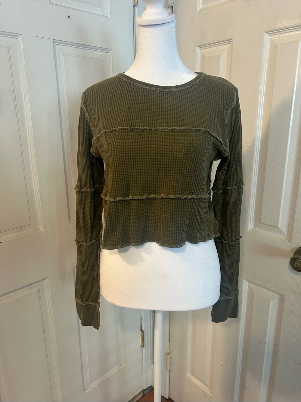 Urban Outfitters Olive Green Waffle Long-Sleeve Crop Top